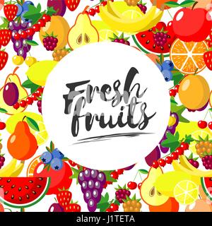 Les fruits frais. Vector background with juicy fruits mûrs et les petits fruits , composition ronde, lettrage. Style plat Illustration de Vecteur