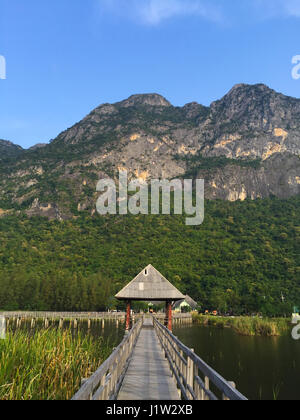 Beau paysage avec pont en bois, les champs et les montagnes, Bueng Bua à Sam Roi Yot National Park, Prachuap Khiri Khan, Thaïlande Banque D'Images