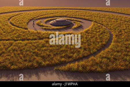 Un OVNI AU MILIEU D'UN Crop Circle. Banque D'Images