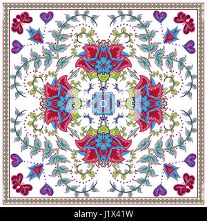 Résumé fond graphique, motif carré avec ornement géométrique Mandala. Bandana tissu châle en soie foulard au cou, d'impression ou foulard design, illustration. Illustration de Vecteur