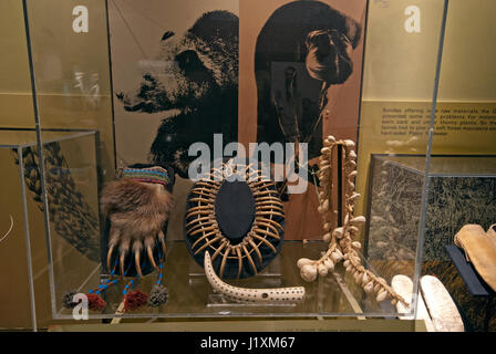 Petit sac et collier de griffes d'ours grizzly, Musée du Manitoba, Winnipeg, Manitoba, Canada Banque D'Images