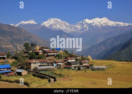 Paysage près de Bhulbhule, de l'Annapurna Conservation Area. Village enneigé et Manaslu. Banque D'Images