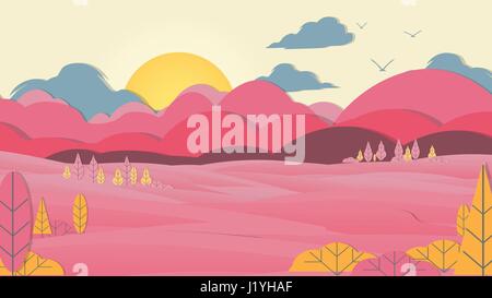 Coupe-papier en applique de style paysage de prairie avec des montagnes - Vector Illustration Illustration de Vecteur