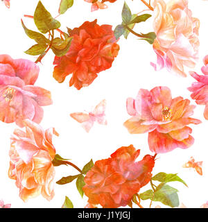 Un modèle sans couture avec aquarelles de fleurs roses rouges et roses et papillons, la main peinte sur fond blanc dans le style de vintage b Banque D'Images