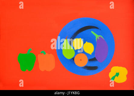 Illustration Nature morte de fruits et légumes sur un fond rouge Banque D'Images