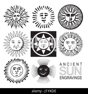 Sun vector icons set, gravure rétro Illustration de Vecteur