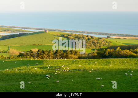 Abbotsbury Hill, Dorset, UK. 22 avr, 2017. Clair et ensoleillé belle fin de la journée avec le bain de soleil du soir basse la Chapelle Sainte Catherine, plage de Chesil et la flotte. Crédit : Dan Tucker/Alamy Live News Banque D'Images