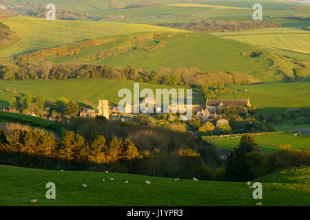 Abbotsbury Hill, Dorset, UK. 22 avr, 2017. Clair et ensoleillé belle fin de la journée avec le bain de soleil du soir basse le village d'Abbotsbury. Crédit : Dan Tucker/Alamy Live News Banque D'Images