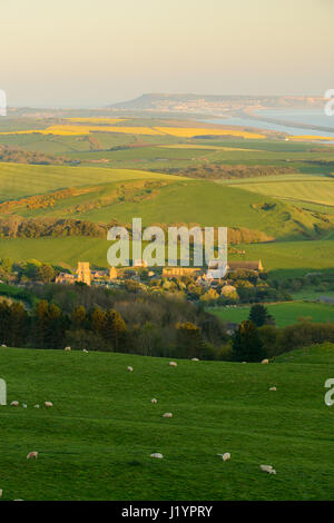 Abbotsbury Hill, Dorset, UK. 22 avr, 2017. Clair et ensoleillé belle fin de la journée avec le bain de soleil du soir basse le village d'Abbotsbury. Crédit : Dan Tucker/Alamy Live News Banque D'Images