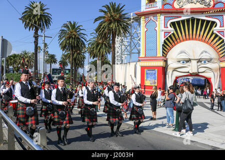 Melbourne, Australie. 23 avril 2017. Avec 2 jours jusqu'à la Journée de l'Anzac, membres de la Melbourne Highland Pipe Band à la tête d'un cortège d'ex militaires de l'(RSL) club de l'armée et de la Marine à Saint Kilda Melbourne au cours d'une commémoration de l'Anzac et dimanche de gerbes de service au cénotaphe de la Melbourne côté de Saint Kilda Crédit : amer ghazzal/Alamy Live News Banque D'Images