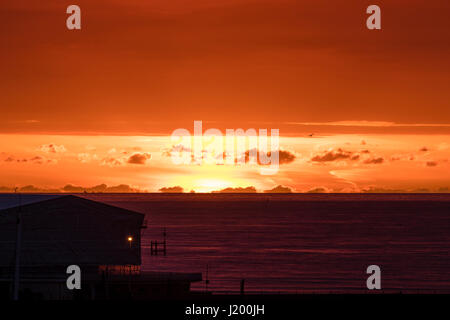 L'Angleterre, port de Ramsgate. Lever de soleil sur la manche. Le port de Ramsgate de premier plan. Petite Bande d'open orange ciel avec lever de soleil, au-dessus de ce nuage mauve en couches épaisses. Banque D'Images