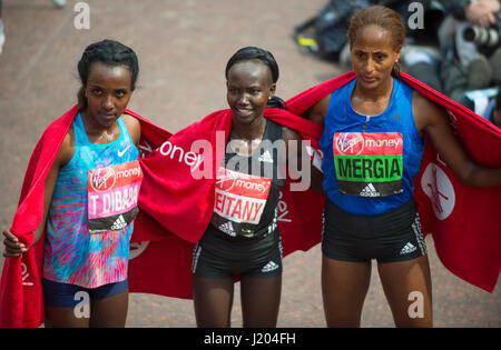 Le Mall, Londres, Royaume-Uni. 23 avril, 2017. Les femmes de l'élite parmi les trois gagnants de la Virgin Money 2017 Marathon de Londres, le 1er : Mary Keitany (Kenya), 2e : Tirunesh Dibaba (Ethiopie), 3ème : Aselefech Mergia (Éthiopie) . Credit : Malcolm Park/Alamy Live News. Banque D'Images