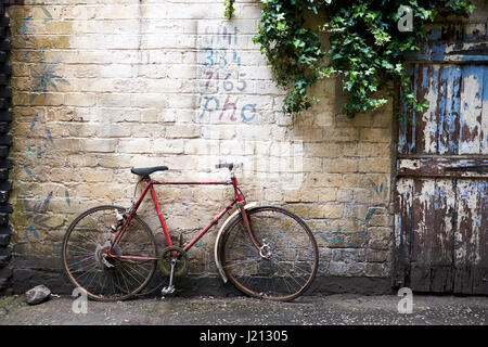Vélo rouge endommagé appuyé contre un mur crème avec porte en bois et le feuillage vert Banque D'Images