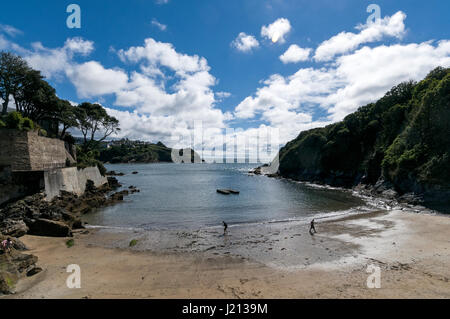 Une petite plage de sable à Readymoney Cove à Fowey à Cornwall, Angleterre Banque D'Images