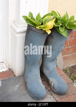 Deux wellies bottes en dehors de la porte porche avec fleurs et plantes placées à l'intérieur se reposant dans de plus en plus assez cool retro vintage nouveau moderne orné Banque D'Images