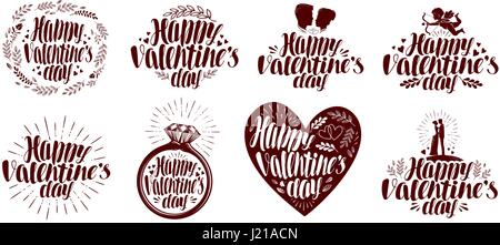 Happy Valentines Day, l'étiquette définie. Maison de vacances Icône ou symbole. Le lettrage, calligraphie vector illustration Illustration de Vecteur