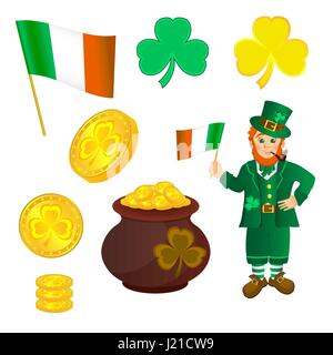 Leprechaun souriant en vert vêtements avec une pipe à la bouche, avec le chapeau à la main. Trèfle et poêle avec pièces d'Or Illustration de Vecteur