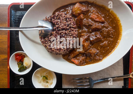 Curry de boeuf fondue japonaise, avec l'aide d'un grain de riz brun, les carottes et les pommes de terre dans un bol Banque D'Images