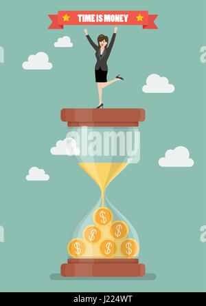 Business Woman celebrating sur un sablier. Le temps est argent Illustration de Vecteur