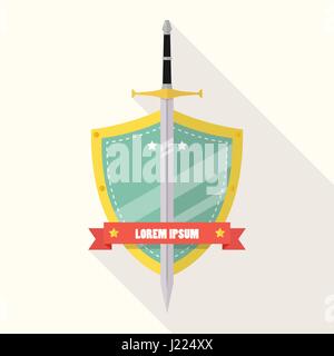 Épée et son bouclier style plat avec ombre portée de l'icône de badge Illustration de Vecteur