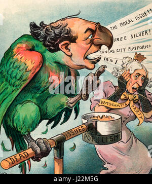 Un broutement nuisance - Illustration montre William Jennings Bryan comme un perroquet "broutement" à une vieille femme appelée Parti 'démocratiques' ; le Parrot est perché sur un stand intitulé 'Questions' avec son plat de nourriture marqués 'populisme', et 'piailler la question morale ! ! Argent gratuit ! ! Kansas City plate-forme ! ! Et 16 à 1'. Caricature politique, 1904 Banque D'Images