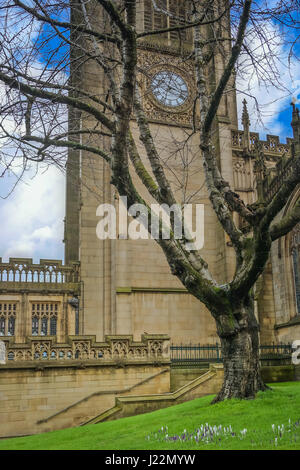 Façade extérieure sur le célèbre édifice médiéval de la cathédrale de la ville de Manchester au Royaume-Uni, au printemps Banque D'Images