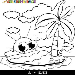 Île déserte et cute cartoon soleil page à colorier Illustration de Vecteur