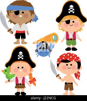 Garçons et filles heureux en costumes de pirate avec des épées. Enfants pirates, perroquets et animaux marins. Illustration vectorielle Illustration de Vecteur
