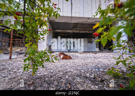 Graffiti sur Polissya Hôtel dans la ville fantôme de Pripyat Tchernobyl autour du phénomène de catastrophe du réacteur nucléaire en Ukraine Banque D'Images