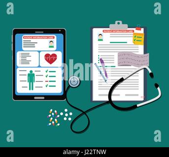 Tablette de papier et de cartes de patient avec des documents, stéthoscope, pilules, stylo. carte patient. rapport médical. L'analyse ou prescription concept. Illustration de Vecteur