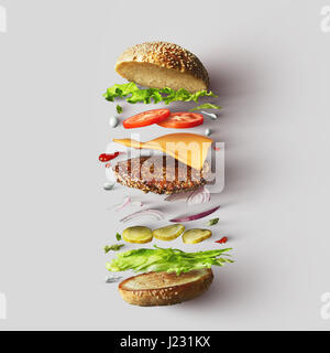 Ingrédients Burger contre fond blanc Banque D'Images