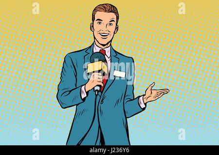 Journaliste de télévision joyeuse avec microphone. Pop art retro vector illustration Illustration de Vecteur