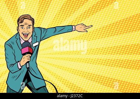 Joyeux journaliste de télévision diffuse en direct. Pop art retro vector illustration Illustration de Vecteur