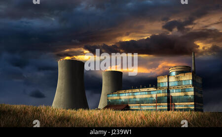 Illustration de l'ancienne usine sous la tempête le ciel avec le feu sur le haut des cheminées. 3D render. Banque D'Images