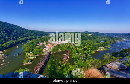 Guerre civile historique ville de Harpers Ferry vue aérienne, par la confluence des rivières du Potomac et de la Shenandoah, en Virginie de l'Ouest, USA Banque D'Images