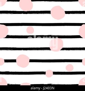 Schéma de répétition sans couture à la main avec des formes rondes en rose pastel et texture des rayures noires sur fond blanc. Textile moderne et original, wrappi Illustration de Vecteur