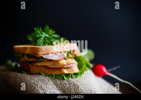 Sandwich chaud frit avec de la saucisse et salade Banque D'Images