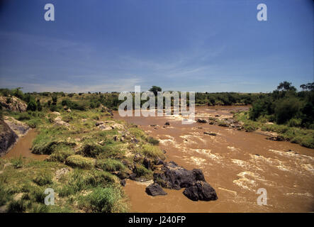 Rivière Mara comme vu du pont près de la frontière de la Tanzanie, Masai Mara, Kenya Banque D'Images