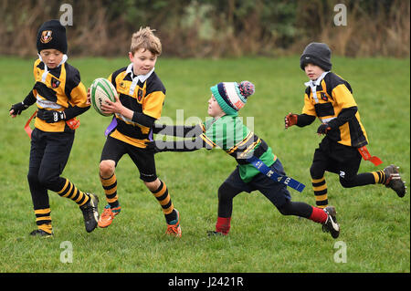 Junior tag enfants rugby action Royaume-Uni Royaume-Uni Royaume-Uni enfants enfants sport activité saine sport garçons sports Banque D'Images