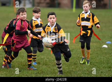 Junior childens tag rugby action Royaume-Uni enfants sport enfants activité saine sport garçons sports Banque D'Images