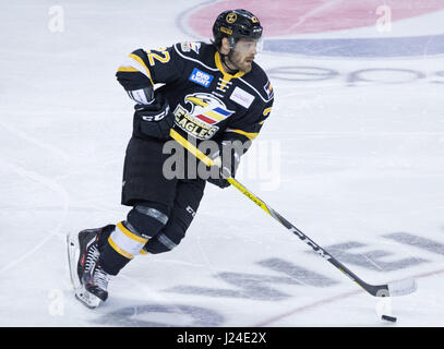 Denver, Colorado, États-Unis. Apr 15, 2017. Eagles RYAN HARRISON skates vers la ligne bleue au cours de la 3ème. Période à la Budweiser Events Center samedi soir. L'Eagles battre les steelheads 2-1 et lier la série 1-1. Credit : Hector Acevedo/ZUMA/Alamy Fil Live News Banque D'Images