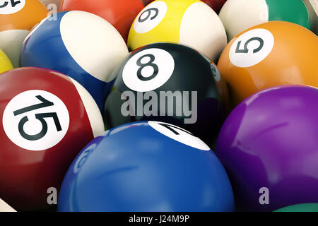 Illustration 3D pool américain snooker balls background. Billard américain. Close-up boules de billard. Jeu de barre. Table de billard jeu. Banque D'Images