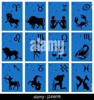 Ensemble de douze silhouettes noires des signes du zodiaque vector illustration : Bélier, Taureau, Gémeaux, Cancer, Lion, Vierge, Balance, Scorpion, Sagittaire, Capricorne Illustration de Vecteur