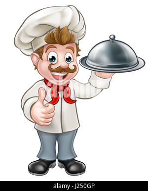 Chef de bande dessinée ou baker tenant une cloche d'argent plaque food platter et giving Thumbs up Banque D'Images