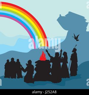 Récit biblique de l'arche de Noé, sa famille et le salut miraculeux Illustration de Vecteur