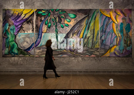 Londres, Royaume-Uni. 25 avril 2017. La Galerie nationale dévoile l'oiseau en cage's Song, une nouvelle tapisserie par Turner Prize-winning l'artiste Chris Ofili. L'œuvre s'affiche à partir du 26 avril au 28 août 2017 dans la salle Sunley à la Galerie nationale. Par la suite il ira en permanence dans Clothworkers' Hall dans la ville de Londres. Banque D'Images