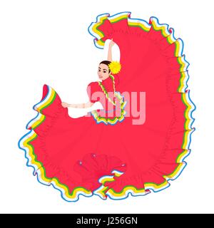 La jeune fille danse dans un rouge vif mexicain robe traditionnelle. Le Cinco de Mayo, maison de vacances. Vector illustration d'un contour noir à la main sur une zone blanche Illustration de Vecteur