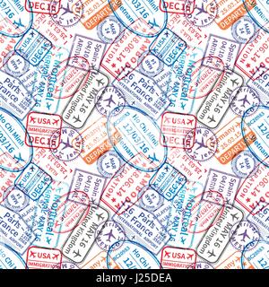 De nombreux timbres en caoutchouc visa voyages internationaux empreintes sur blanc, motif transparent Illustration de Vecteur