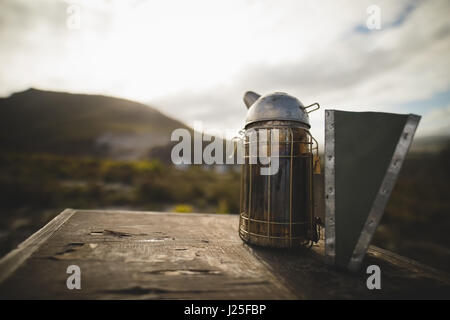 Close-up de l'apiculture au rucher ruche sur fumeur Banque D'Images