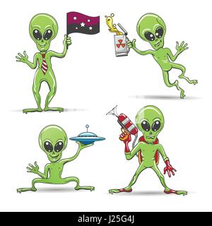 Cartoon funny aliens set. Les étrangers à la peau verte avec un pistolet laser, de la bière, de l'uranium étranger pocket volante et galaxy drapeau. Vector illustration. Illustration de Vecteur